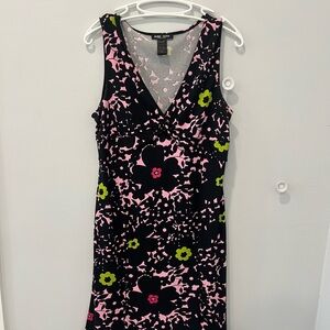 BCBG Paris Black and Pink Sheath Dress Sleeveless V-Neck Midi